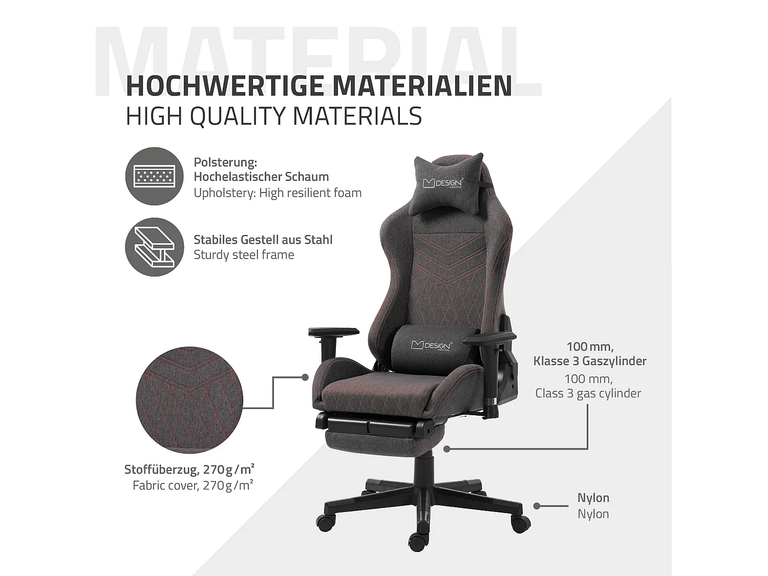 Chaise de gaming chaise de bureau pivotante réglable 122-131cm gris/joints rouge