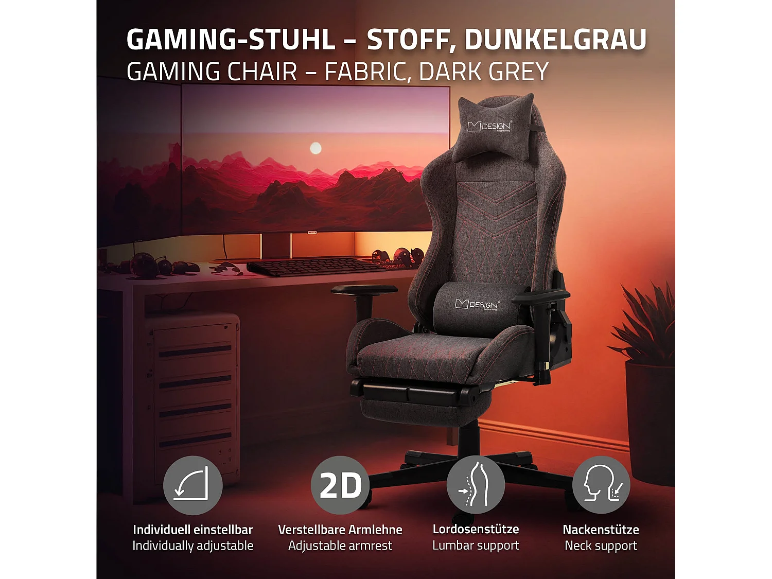 Chaise de gaming chaise de bureau pivotante réglable 122-131cm gris/joints rouge