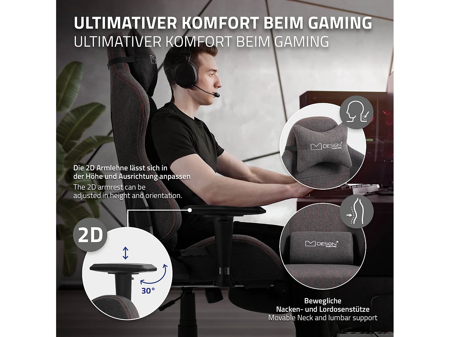 Chaise de gaming chaise de bureau pivotante réglable 122-131cm gris/joints rouge