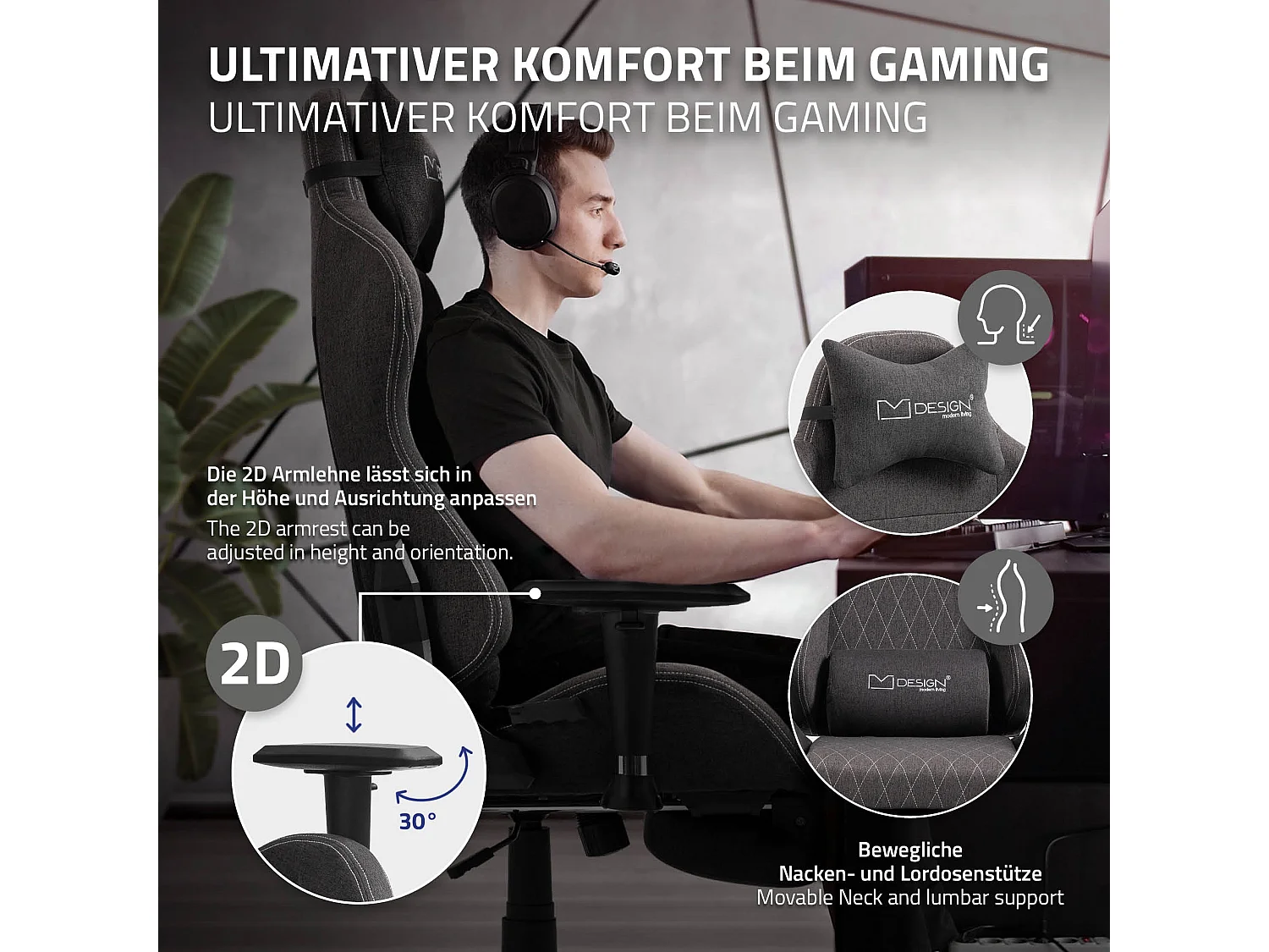 Chaise de gaming chaise de bureau pivotante réglable 122-131cm gris/joints blanc