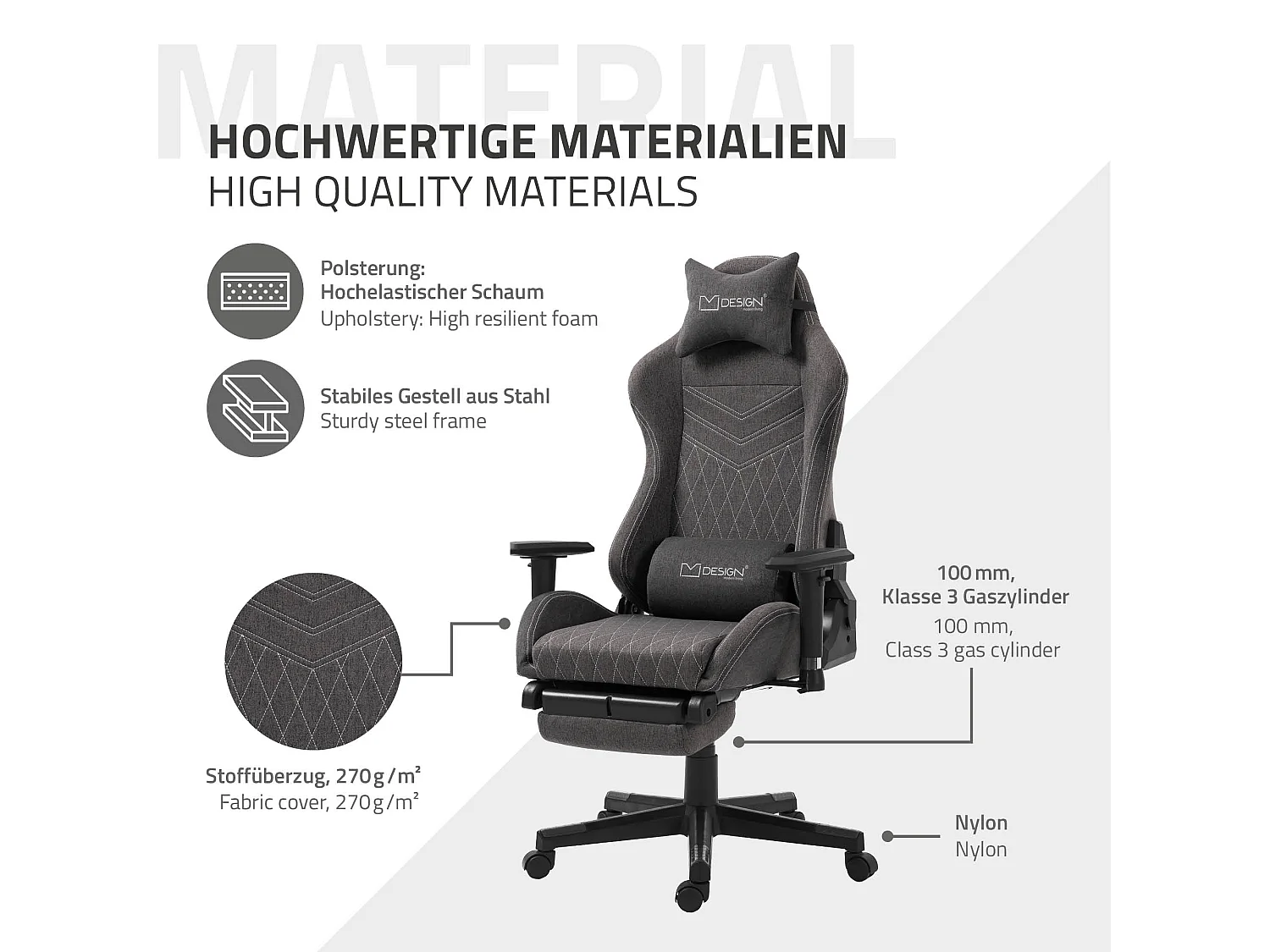 Chaise de gaming chaise de bureau pivotante réglable 122-131cm gris/joints blanc