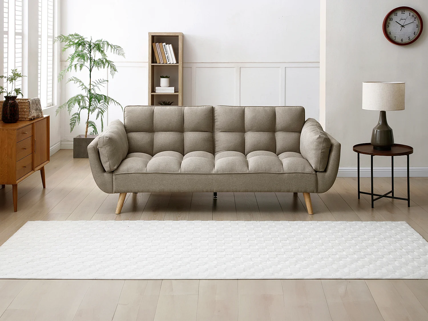 Slaapbank/zitbank met 3 plaatsen in beige stof LOELINE