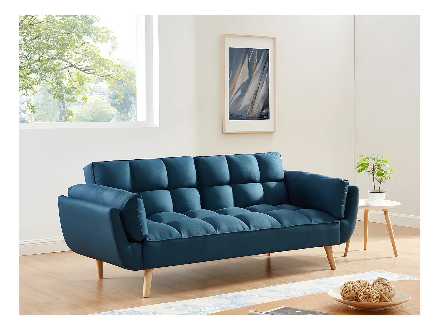 Slaapbank/zitbank met 3 plaatsen in beige stof LOELINE