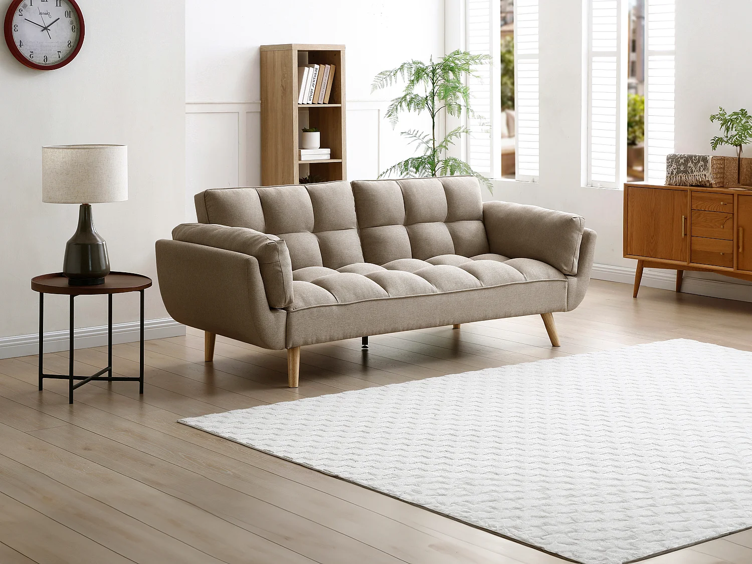 Canapé 3 places convertible clic-clac en tissu beige LOELINE