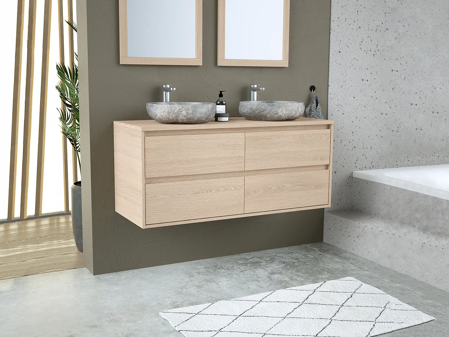 Badkamermeubel met dubbele wastafel van steen met spiegel - Eikenfineer - 120 cm - MILIPAM