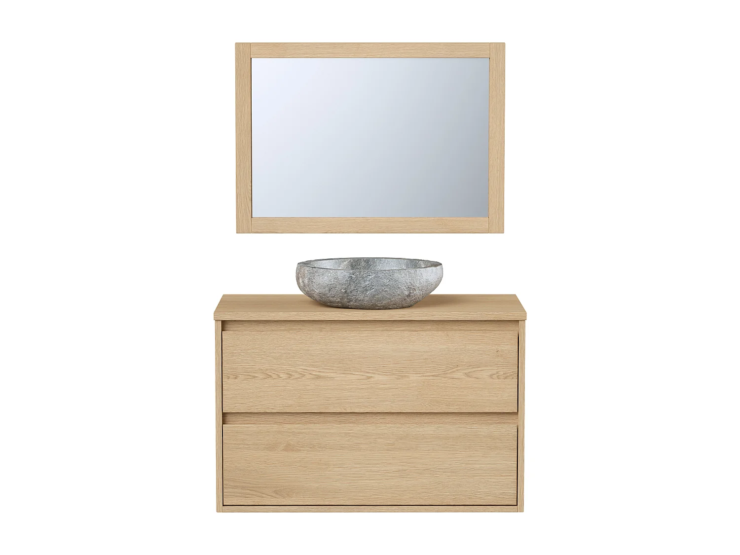 Waschbeckenunterschrank mit Aufsatzwaschbecken aus Stein und Spiegel - Eichenfurnier - 80 cm - MILIPAM