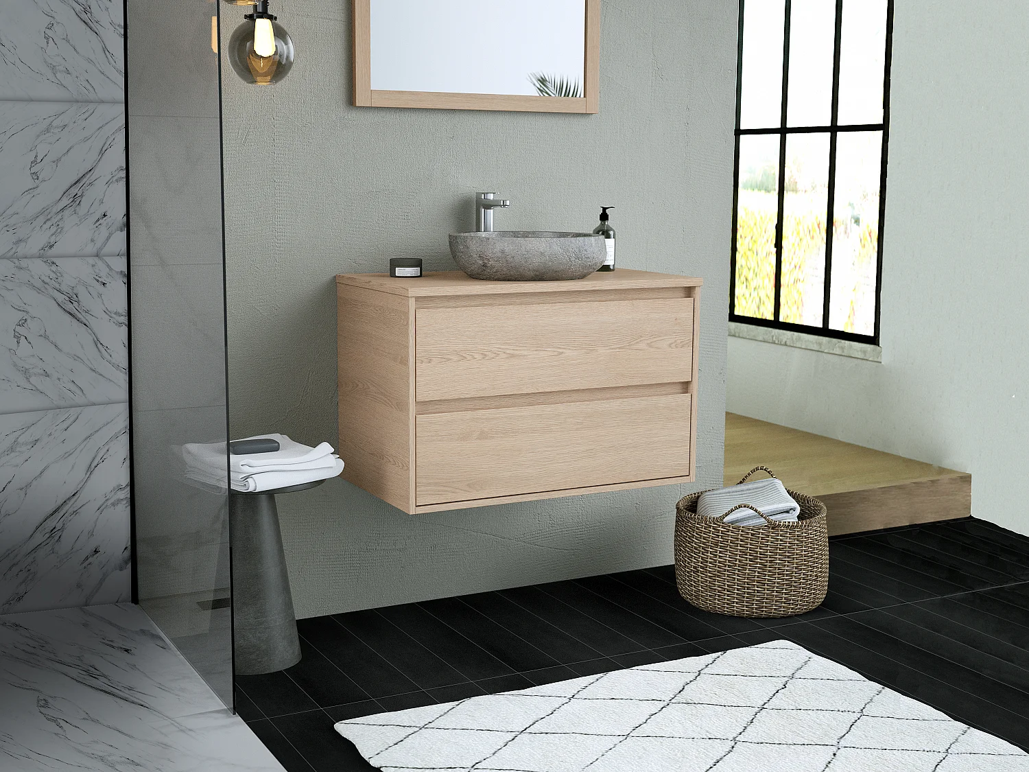 Waschbeckenunterschrank mit Aufsatzwaschbecken aus Stein und Spiegel - Eichenfurnier - 80 cm - MILIPAM