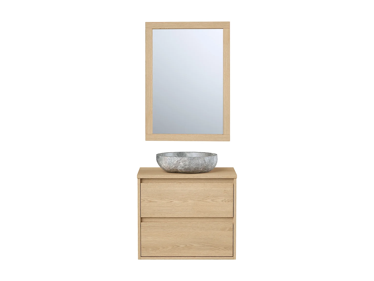 Meuble de salle de bain avec vasque à poser en pierre et miroir - Placage chêne - 60 cm - MILIPAM