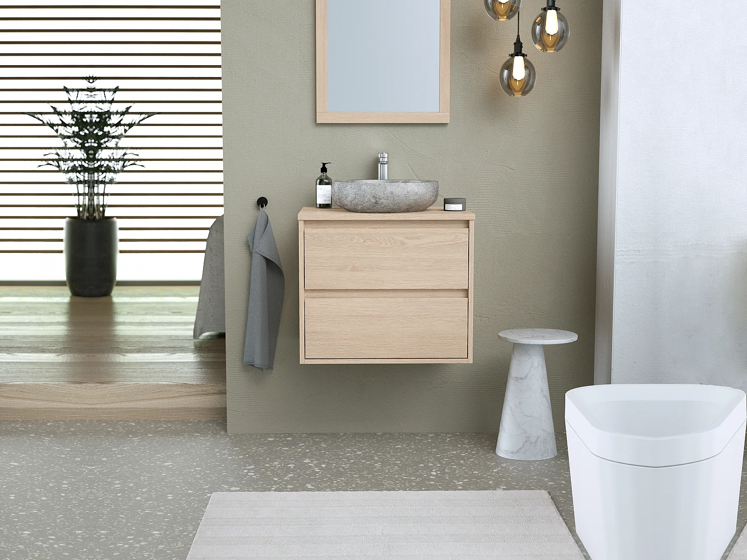 Meuble de salle de bain avec vasque à poser en pierre et miroir - Placage chêne - 60 cm - MILIPAM