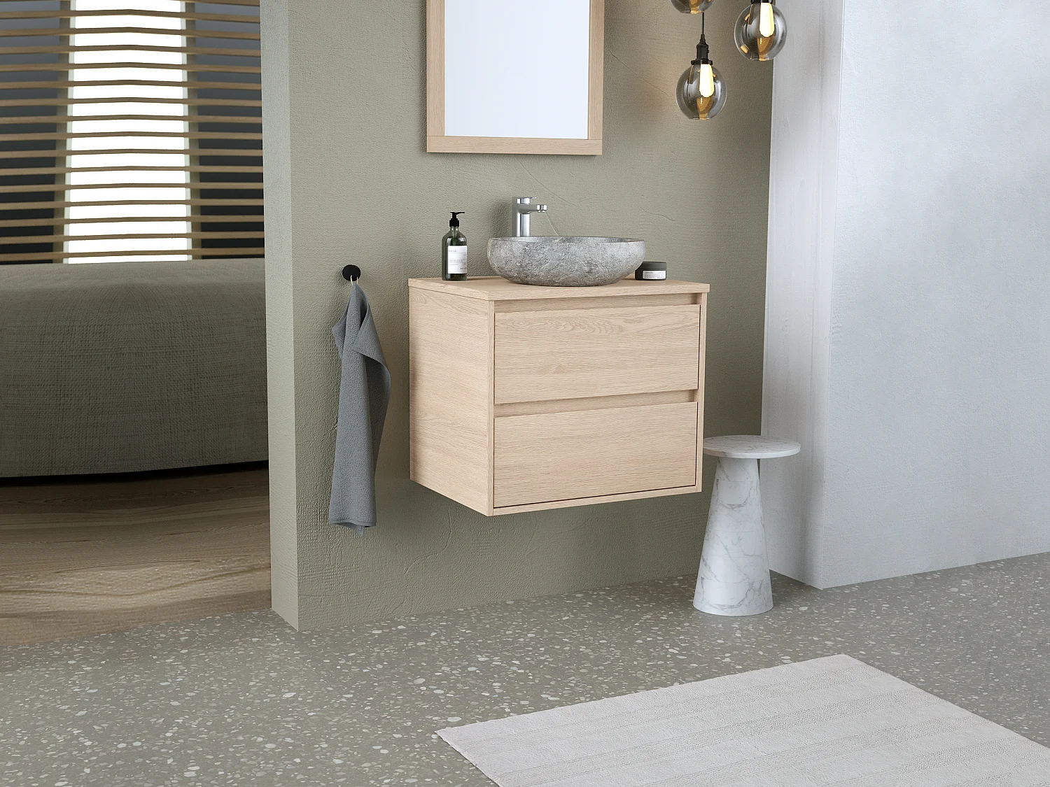 Meuble de salle de bain avec vasque à poser en pierre et miroir - Placage chêne - 60 cm - MILIPAM