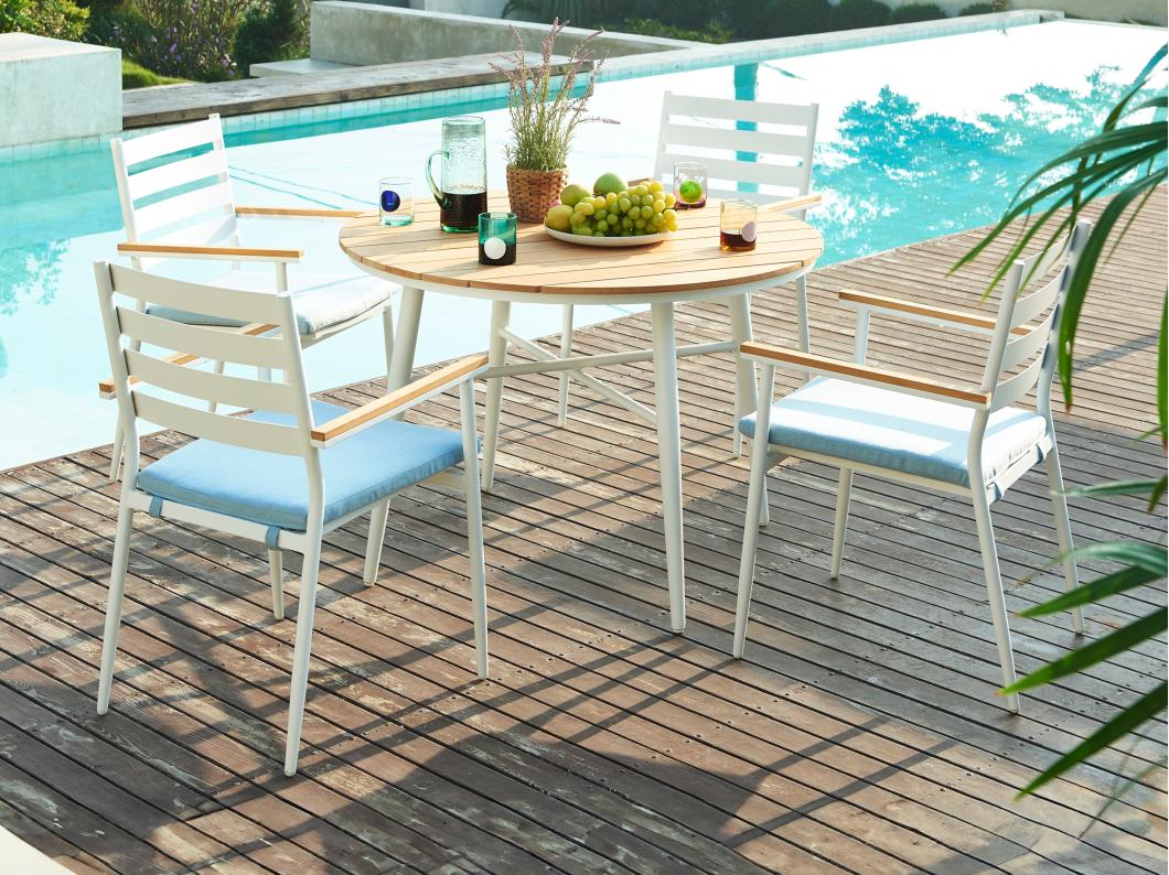 Garten-Essgruppe: Tisch D. 110 cm + 4 Sessel - Holz & Aluminium - Weiß & Holzfarben hell - MIAMI von MYLIA