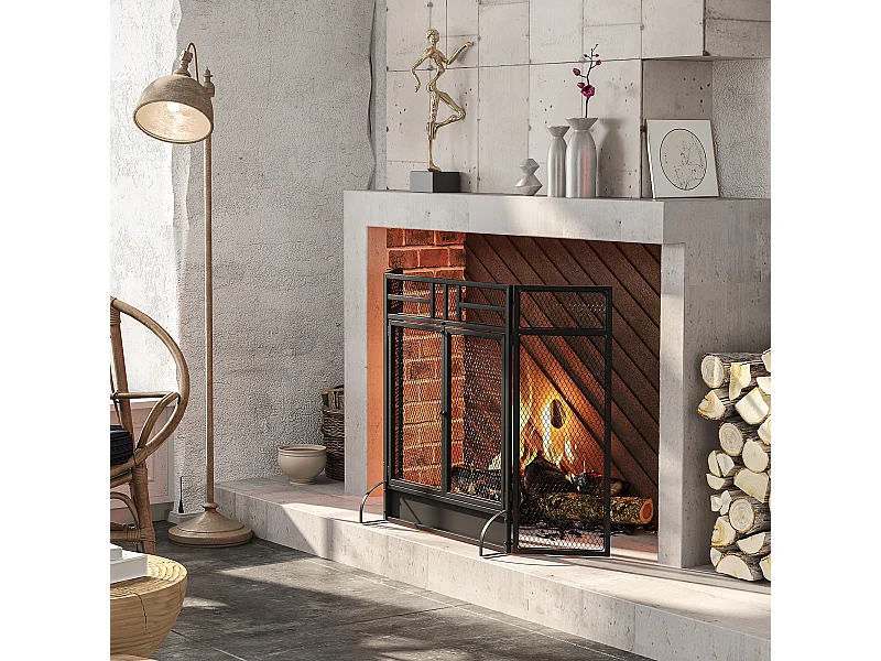Pare-feu large pour cheminée ou poêle - pare-étincelles - 3 volets pliables et double porte - métal noir