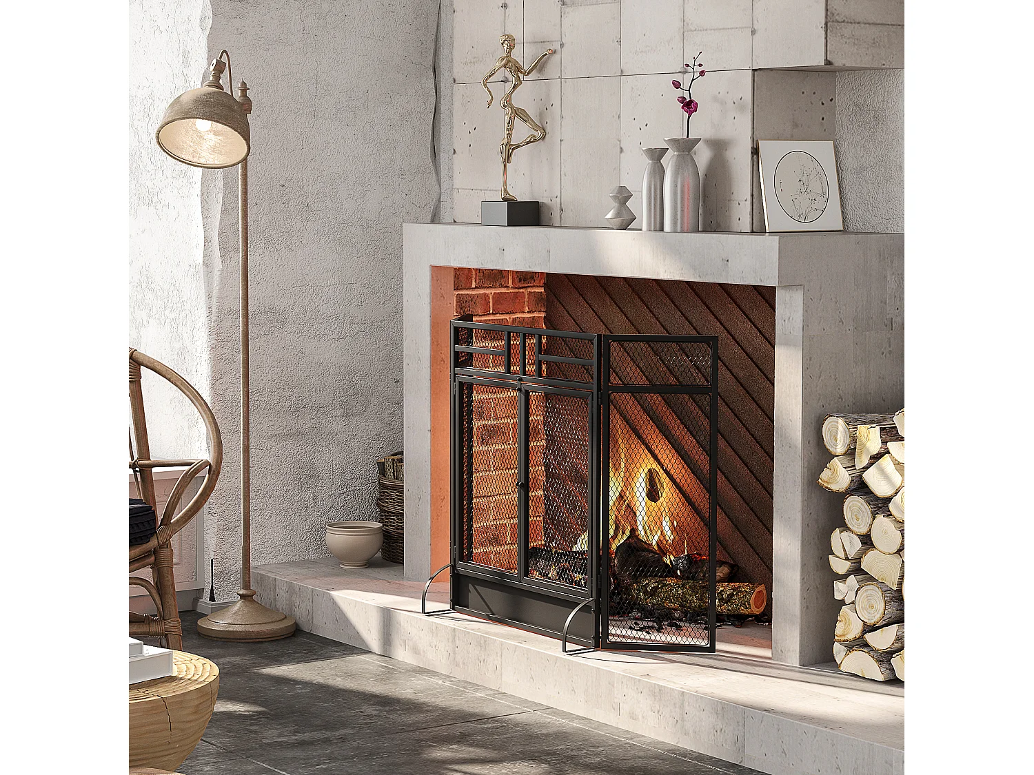 Pare-feu large pour cheminée ou poêle - pare-étincelles - 3 volets pliables et double porte - métal noir