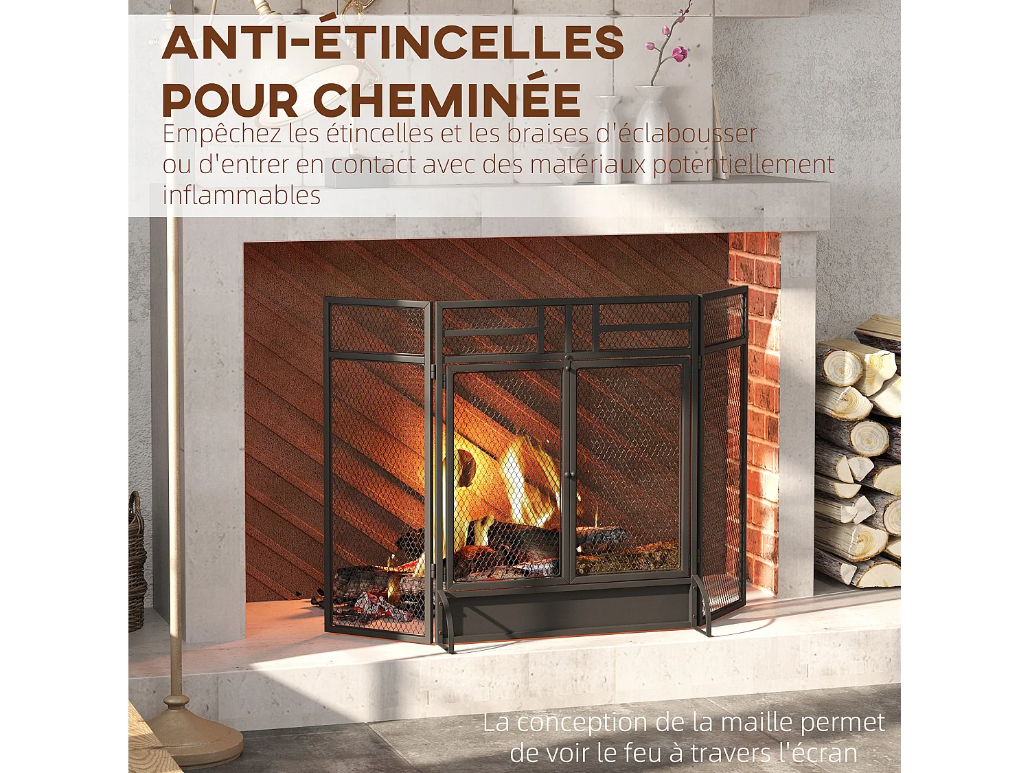 Pare-feu large pour cheminée ou poêle - pare-étincelles - 3 volets pliables et double porte - métal noir