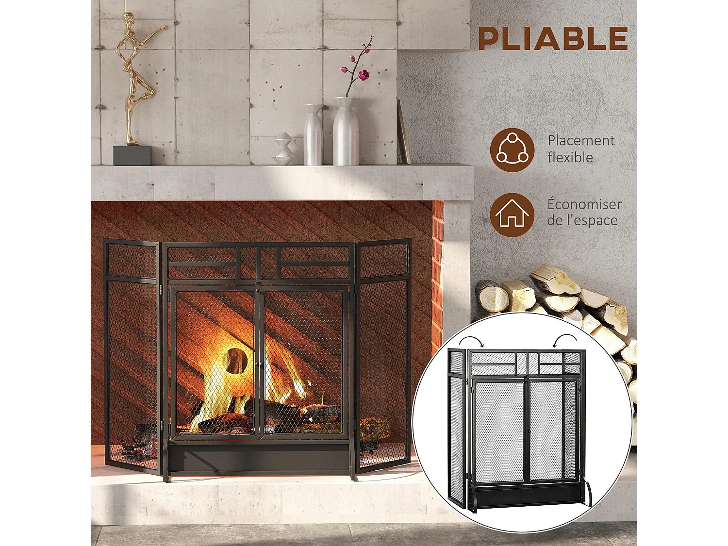 Pare-feu large pour cheminée ou poêle - pare-étincelles - 3 volets pliables et double porte - métal noir