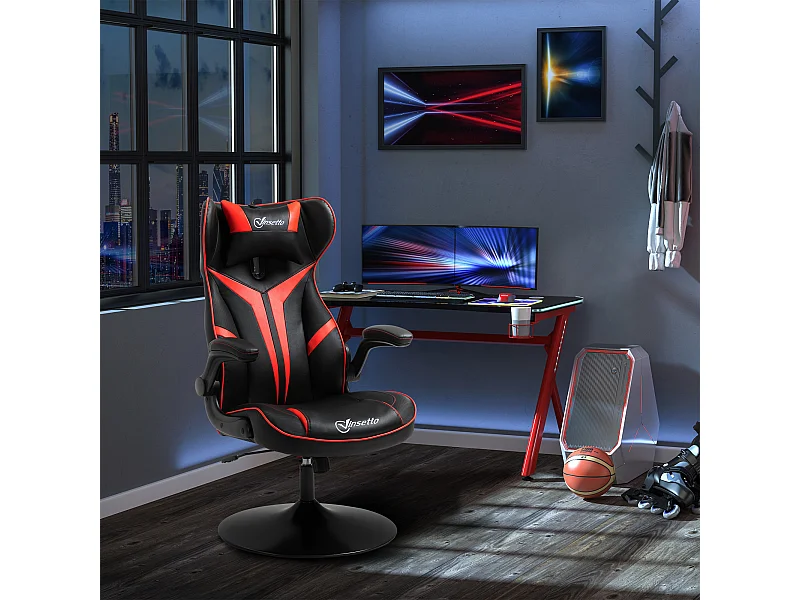 Fauteuil gaming base ronde métal pivotante 360° hauteur réglable tétière accoudoirs relevables PVC rouge noir