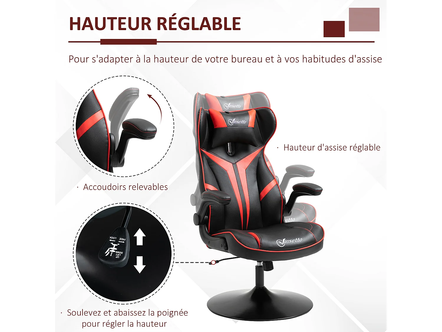 Fauteuil gaming base ronde métal pivotante 360° hauteur réglable tétière accoudoirs relevables PVC rouge noir