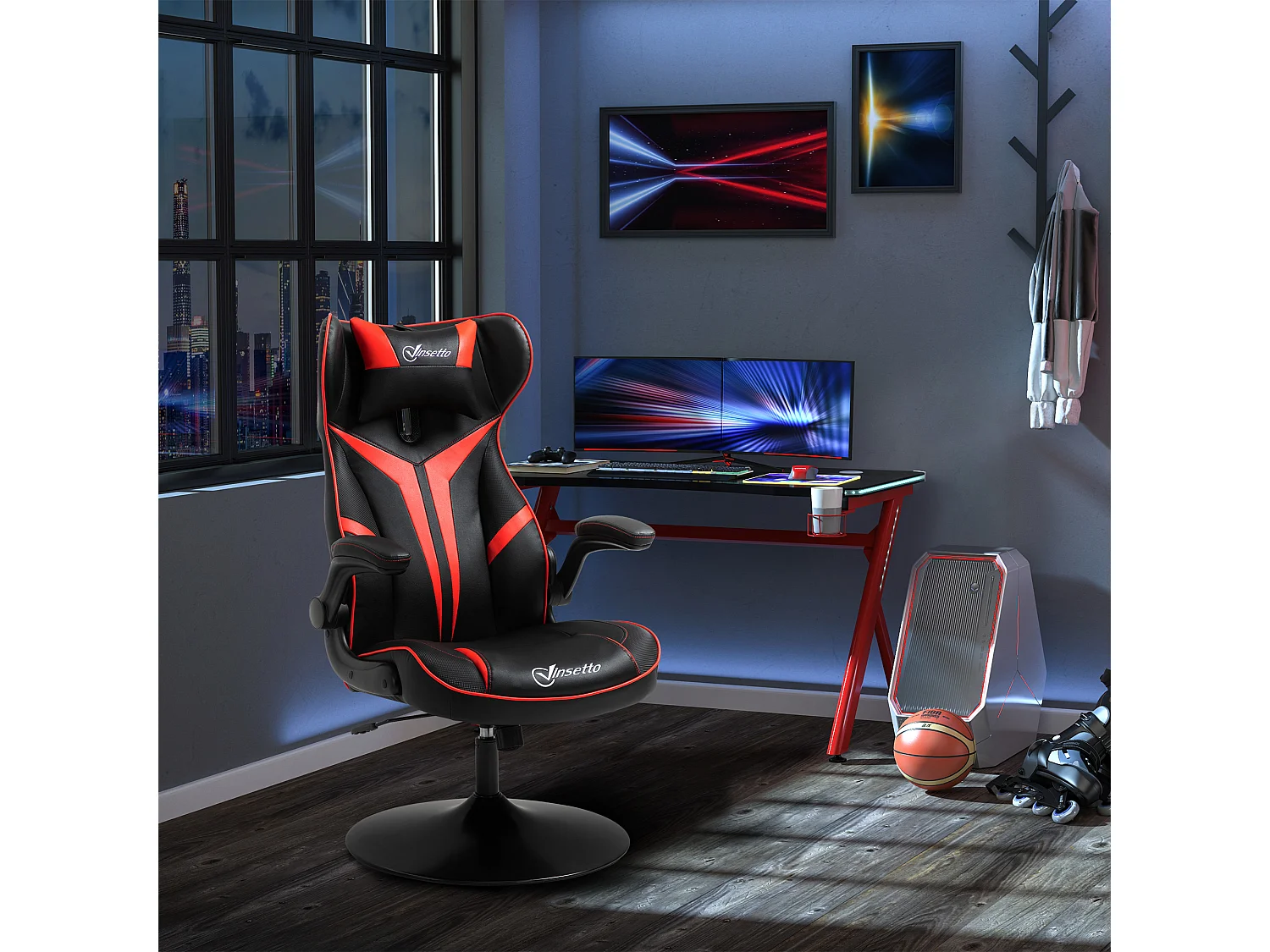 Fauteuil gaming base ronde métal pivotante 360° hauteur réglable tétière accoudoirs relevables PVC rouge noir