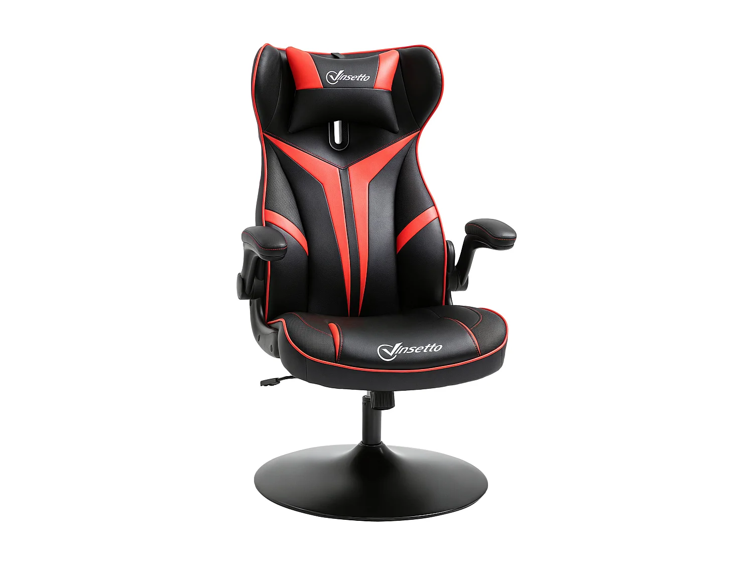 Fauteuil gaming base ronde métal pivotante 360° hauteur réglable tétière accoudoirs relevables PVC rouge noir