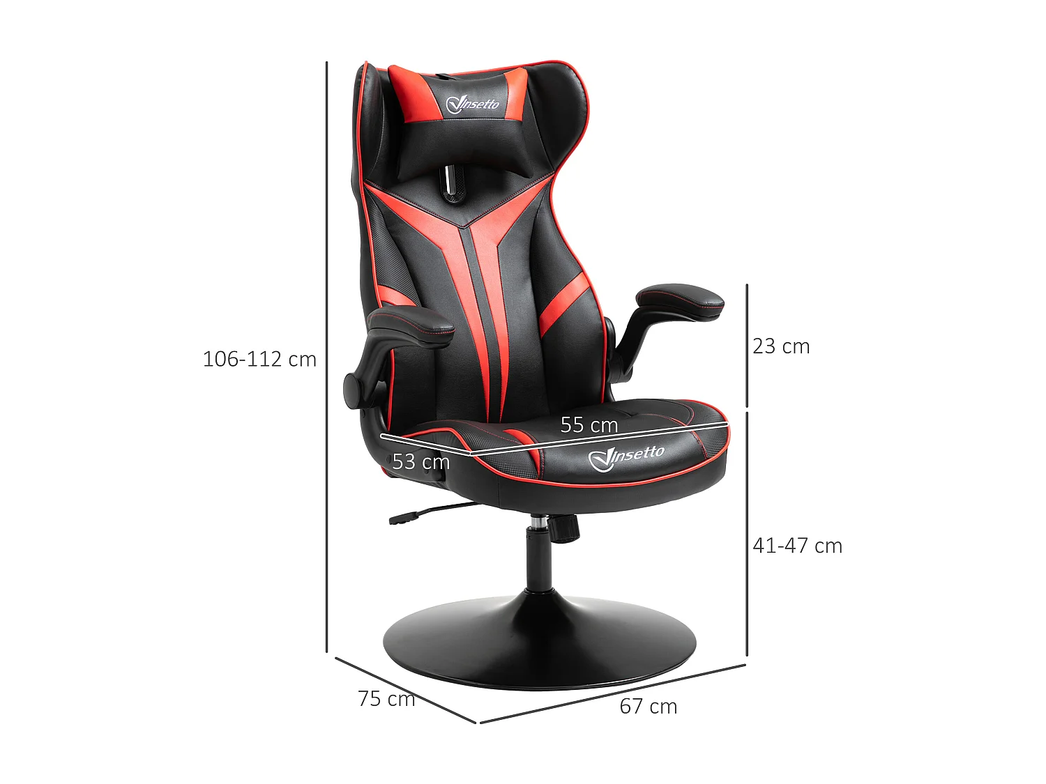 Fauteuil gaming base ronde métal pivotante 360° hauteur réglable tétière accoudoirs relevables PVC rouge noir