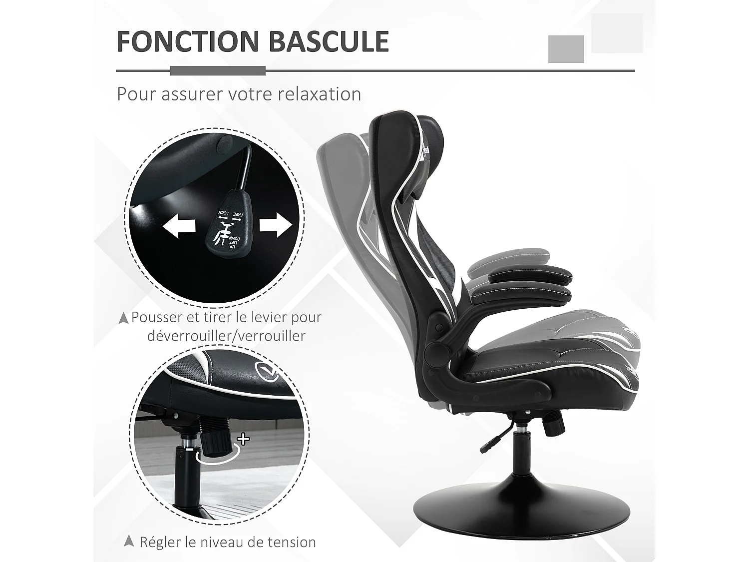 Fauteuil gaming base ronde métal pivotante 360° hauteur réglable tétière accoudoirs relevables PVC blanc noir