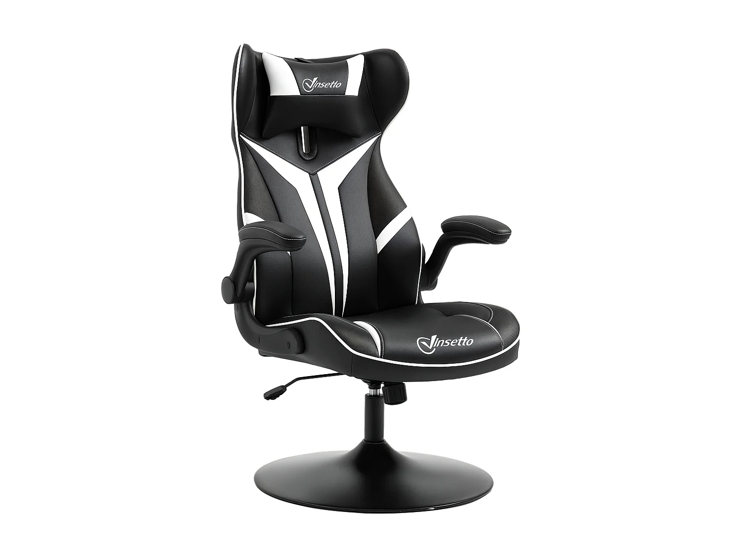 Fauteuil gaming base ronde métal pivotante 360° hauteur réglable tétière accoudoirs relevables PVC blanc noir