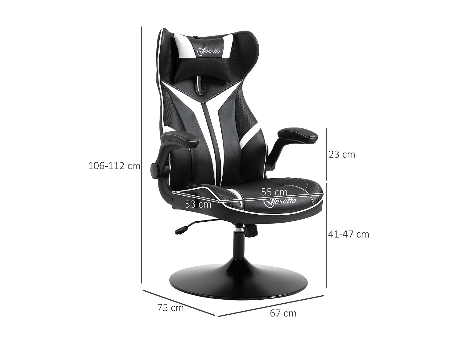 Fauteuil gaming base ronde métal pivotante 360° hauteur réglable tétière accoudoirs relevables PVC blanc noir