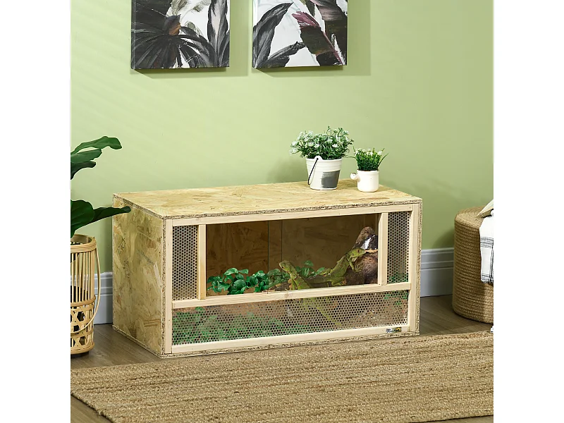 Terrarium - vivarium reptiles - 2 portes coulissantes verre trempé - parois maillées frontales - métal OSB