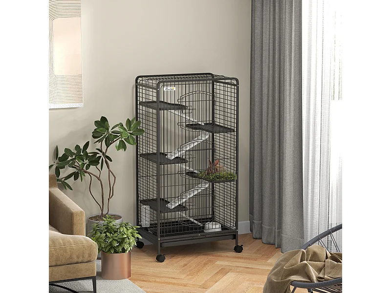 Cage pour petits animaux roulante 5 rampes 5 plateformes gamelle distributeur eau plateau amovible métal PP noir