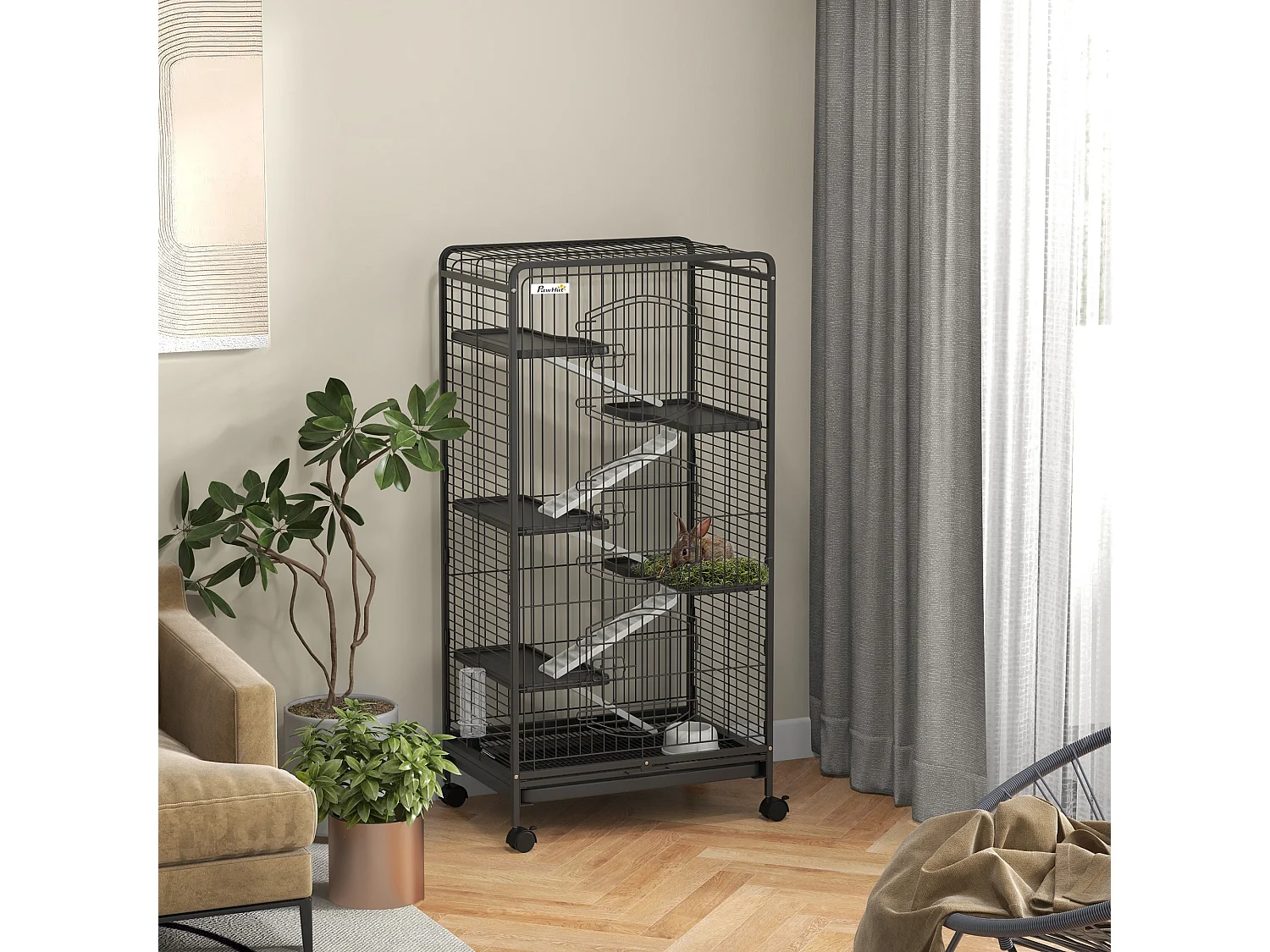 Cage pour petits animaux roulante 5 rampes 5 plateformes gamelle distributeur eau plateau amovible métal PP noir