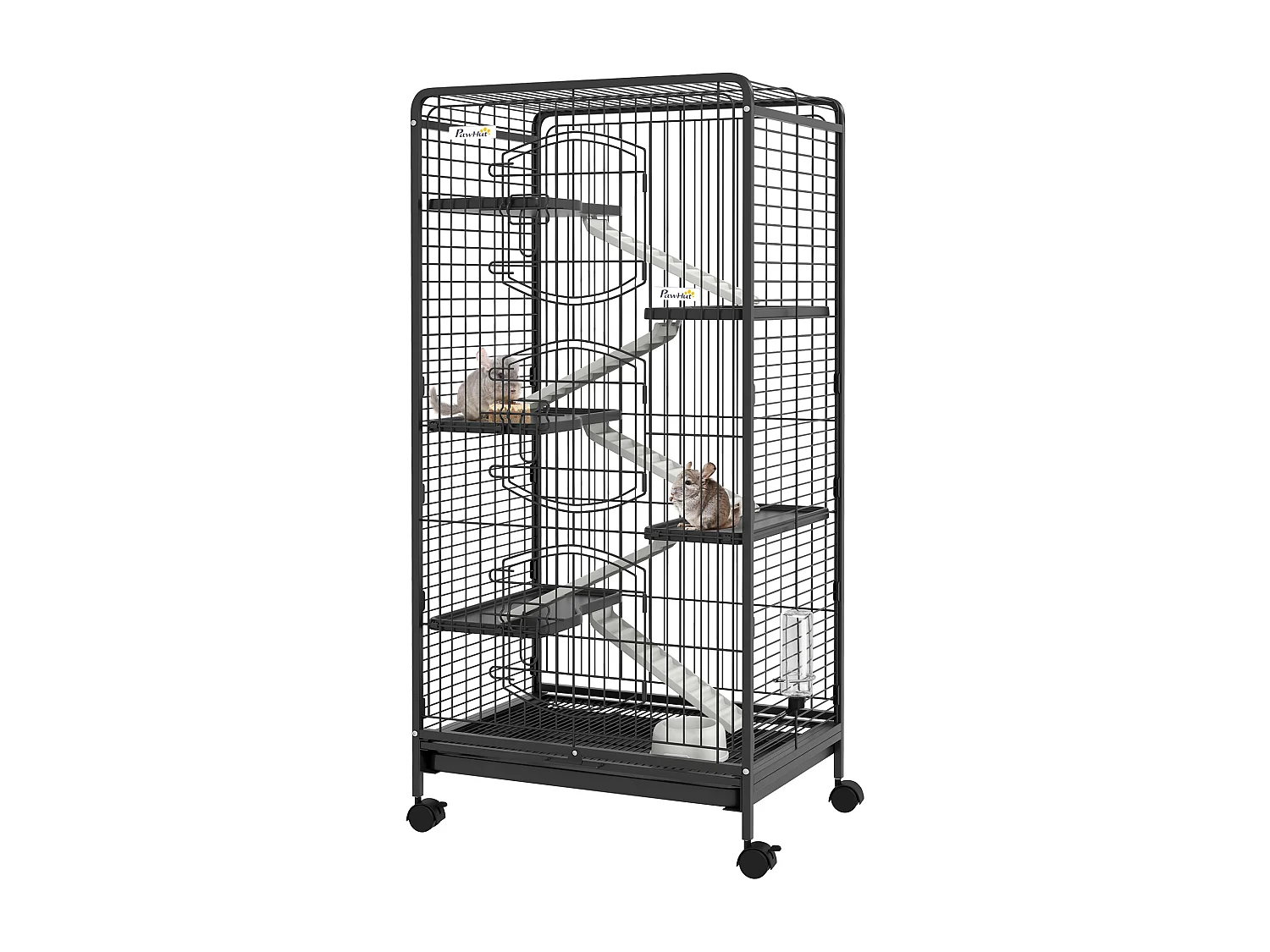Cage pour petits animaux roulante 5 rampes 5 plateformes gamelle distributeur eau plateau amovible métal PP noir