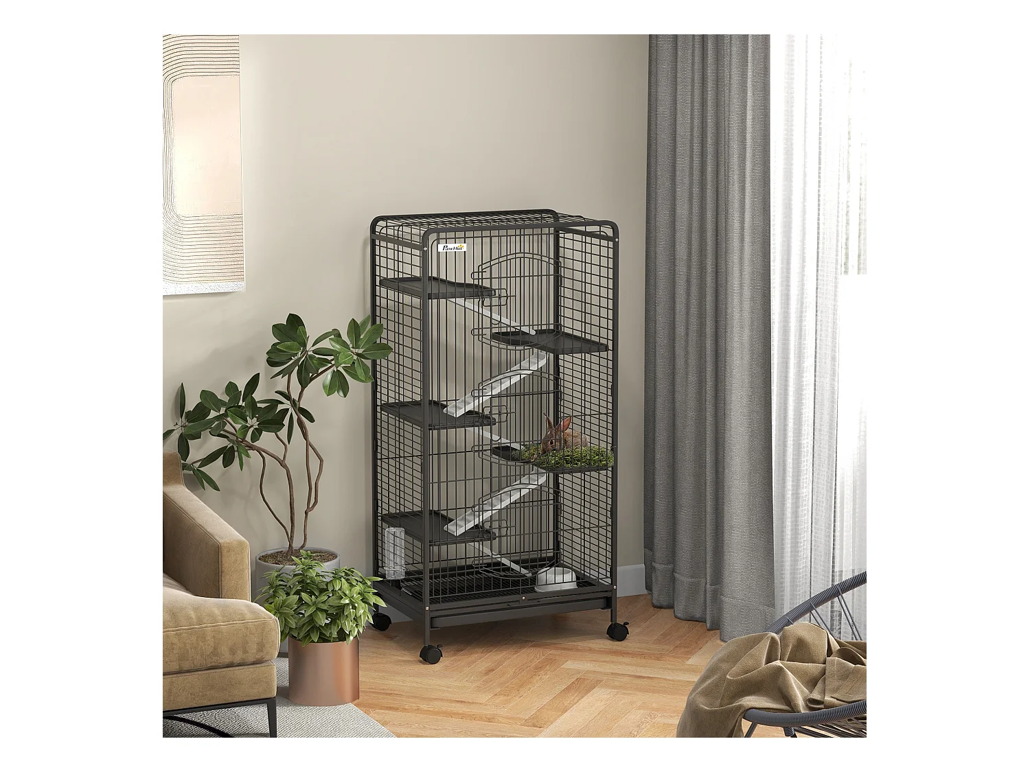 Cage pour petits animaux roulante 5 rampes 5 plateformes gamelle distributeur eau plateau amovible métal PP noir