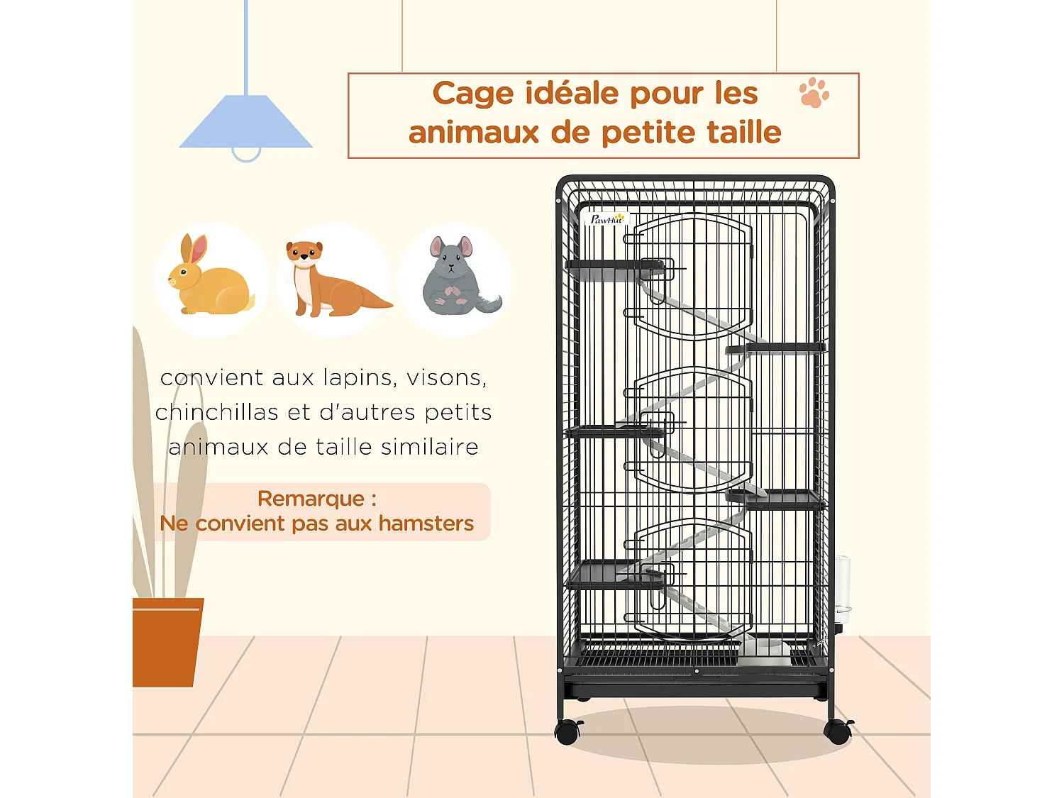 Cage pour petits animaux roulante 5 rampes 5 plateformes gamelle distributeur eau plateau amovible métal PP noir