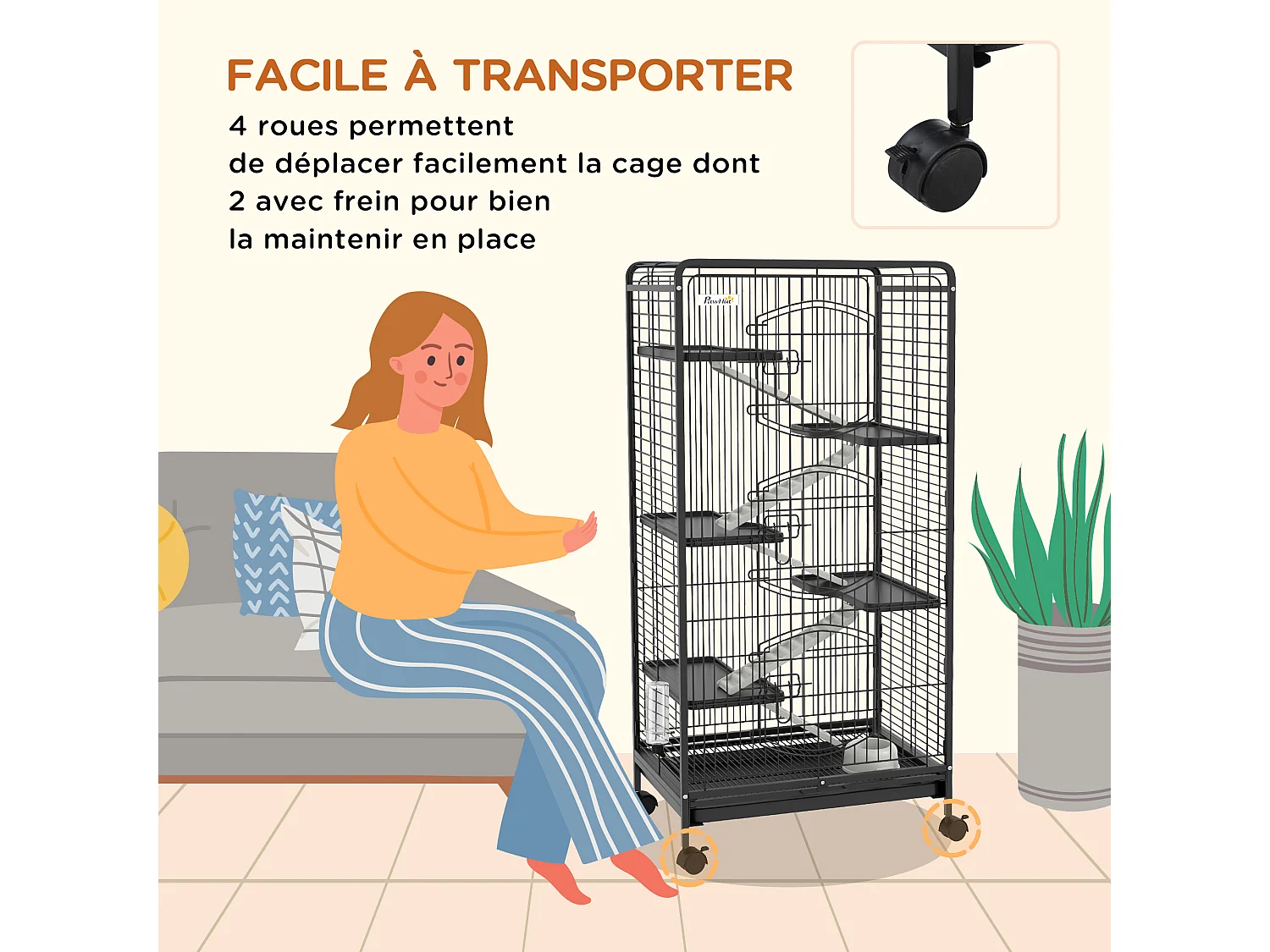 Cage pour petits animaux roulante 5 rampes 5 plateformes gamelle distributeur eau plateau amovible métal PP noir