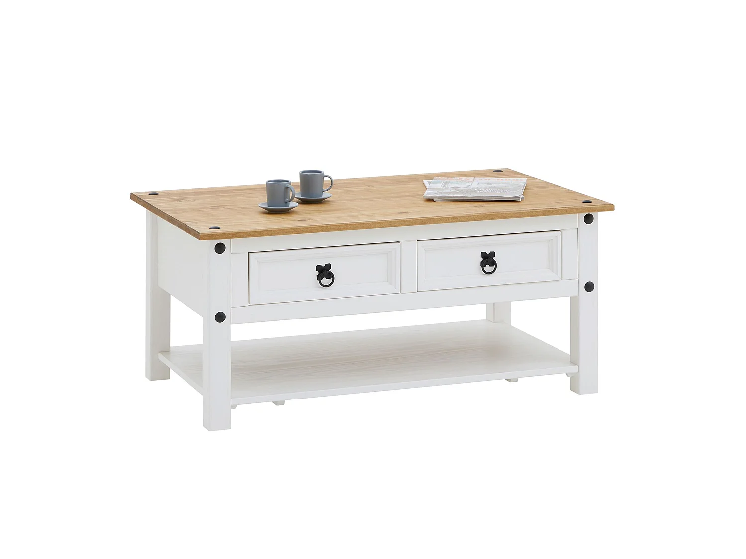 Table basse CAMPO rectangulaire en pin massif blanc et brun avec 2 tiroirs, dim 100 x 45 x 60 cm