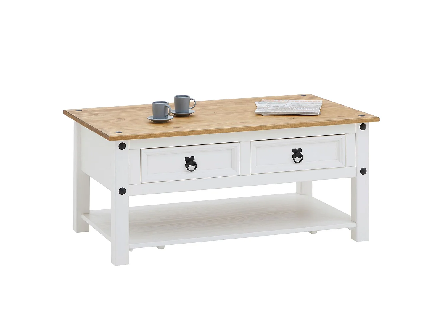 Table basse CAMPO rectangulaire en pin massif blanc et brun avec 2 tiroirs, dim 100 x 45 x 60 cm
