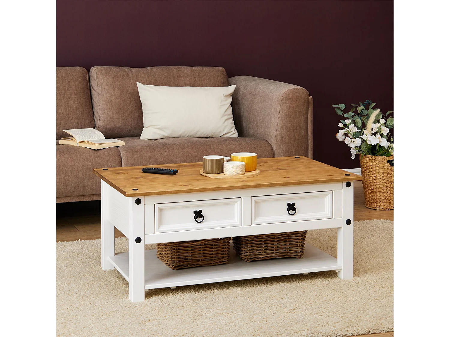Table basse CAMPO rectangulaire en pin massif blanc et brun avec 2 tiroirs, dim 100 x 45 x 60 cm