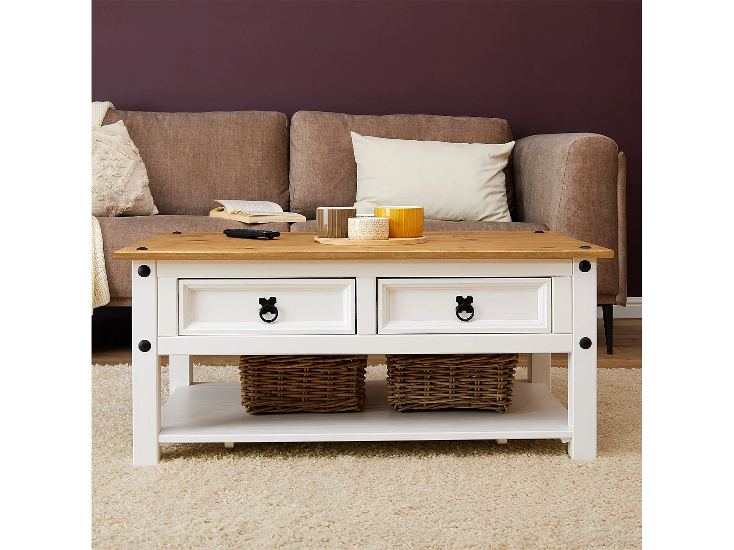 Table basse CAMPO rectangulaire en pin massif blanc et brun avec 2 tiroirs, dim 100 x 45 x 60 cm