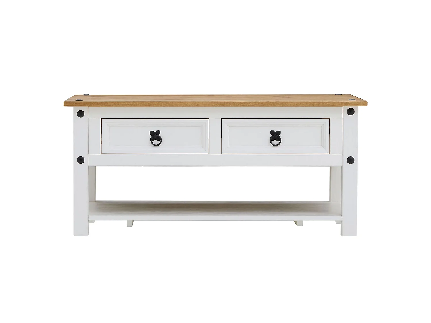 Table basse CAMPO rectangulaire en pin massif blanc et brun avec 2 tiroirs, dim 100 x 45 x 60 cm
