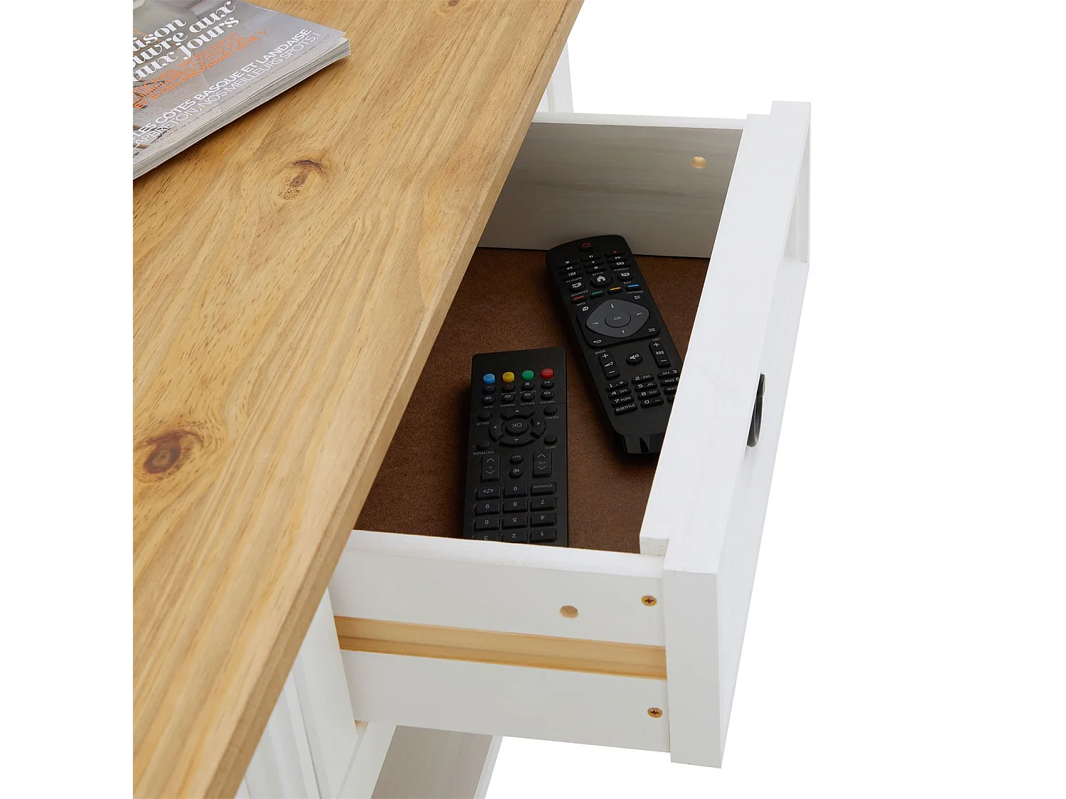 Table basse CAMPO rectangulaire en pin massif blanc et brun avec 2 tiroirs, dim 100 x 45 x 60 cm