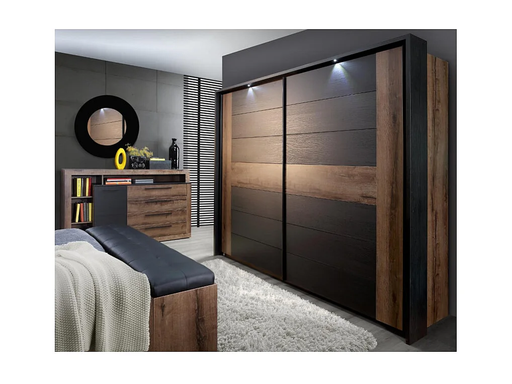 Armoire avec 2 portes coulissantes décor chêne foncé et noir - RIVIERA