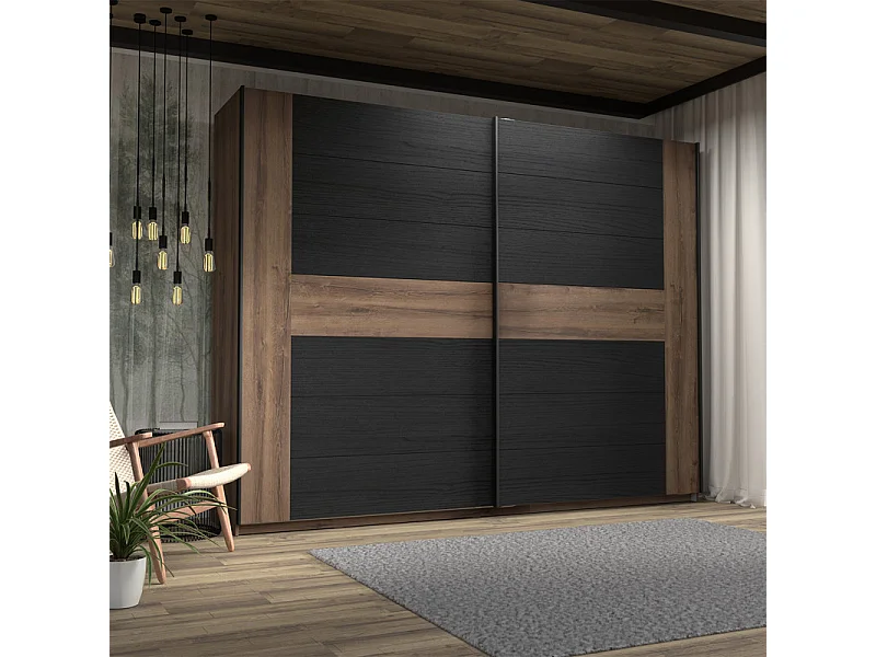 Armoire avec 2 portes coulissantes décor chêne foncé et noir - RIVIERA
