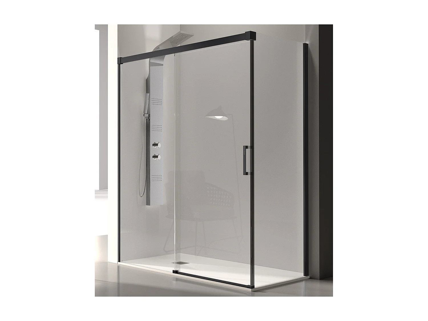 Paroi de douche fixe + Porte coulissante GLASÉ profil noir mat 184 cm Sans paroi latérale