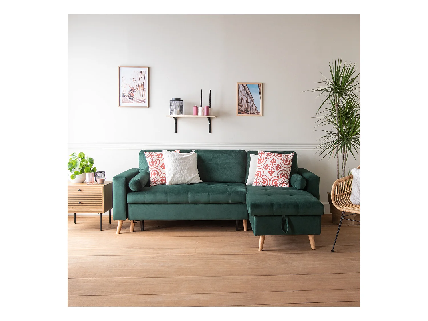 Canapé d'angle convertible JAMES 3 places en velours vert - HAPPY GARDEN