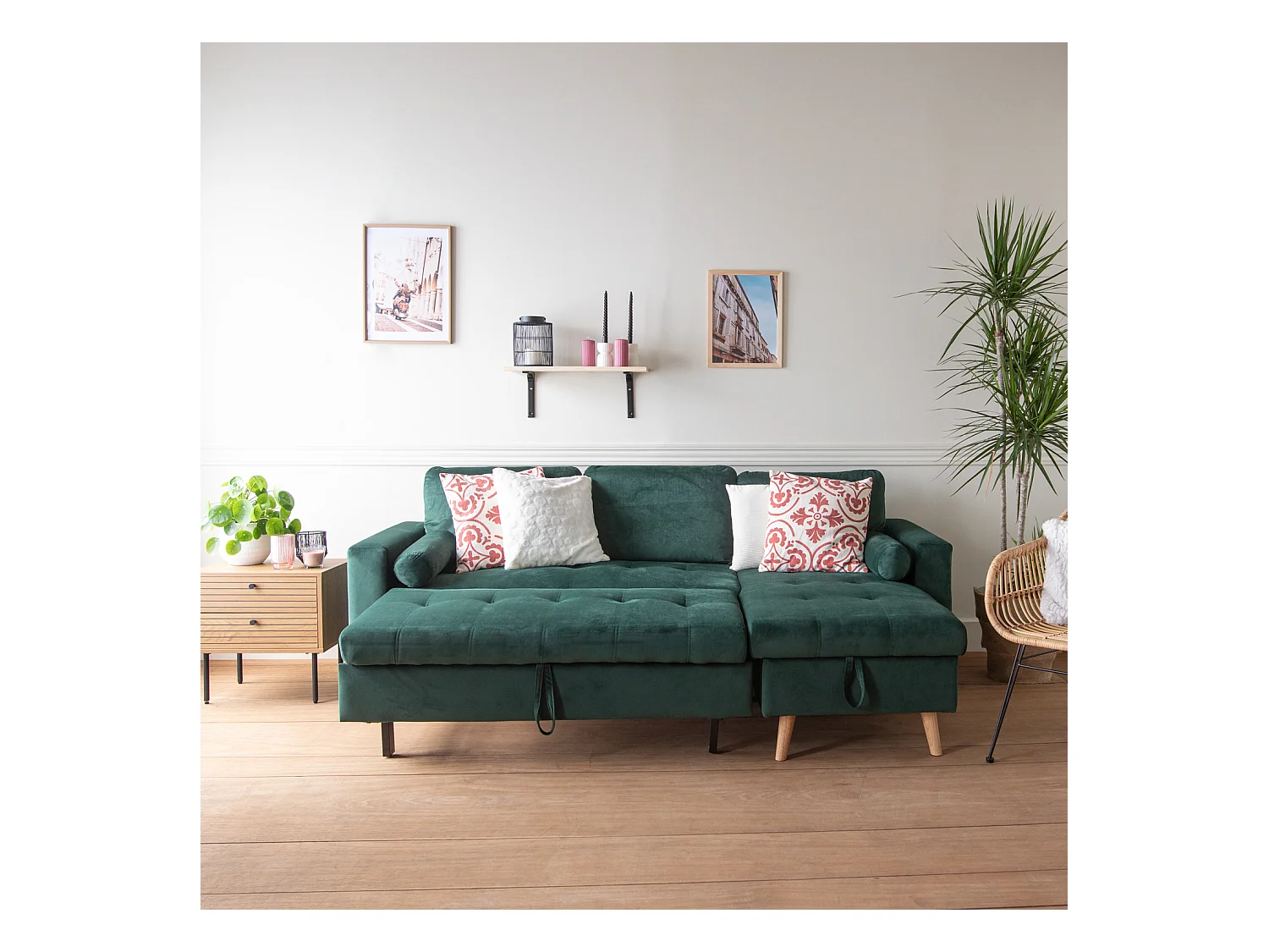 Eck-Couch-Sofa JAMES 3-Sitzer in grünem Velours