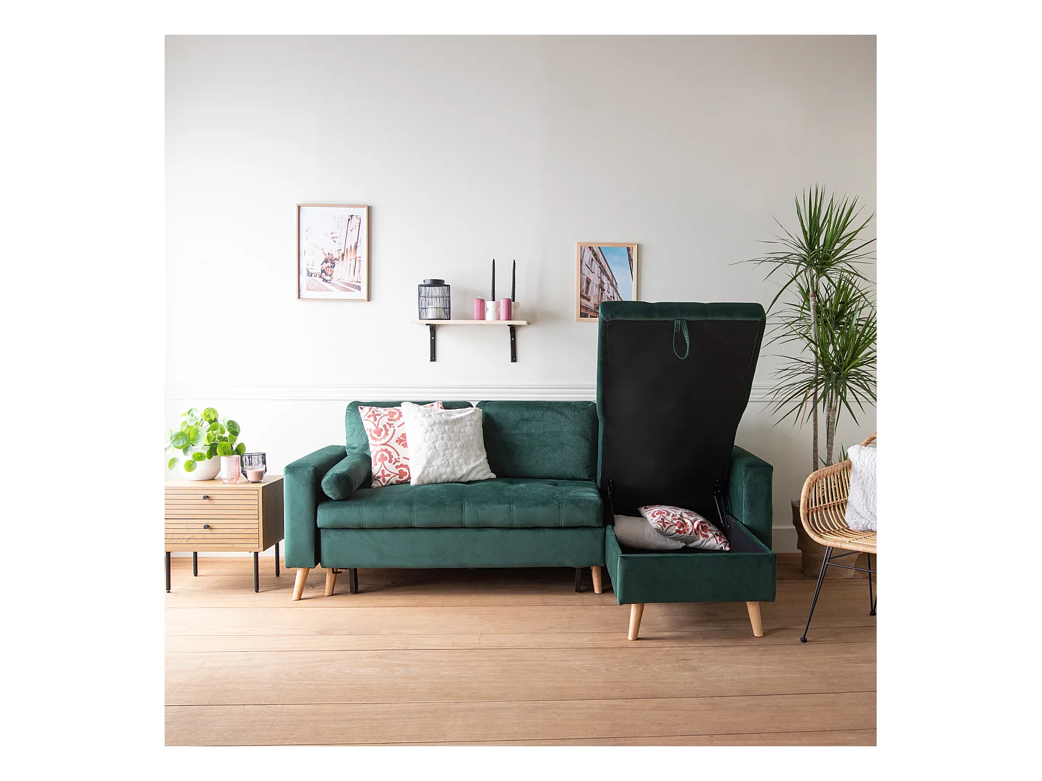 Eck-Couch-Sofa JAMES 3-Sitzer in grünem Velours