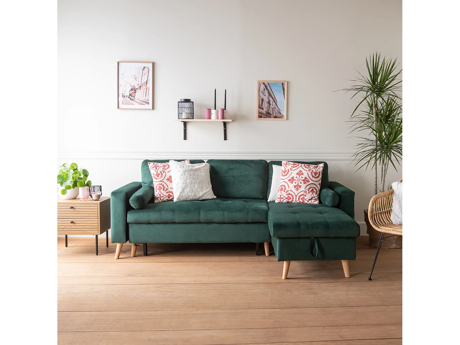 Canapé d'angle convertible JAMES 3 places en velours vert - HAPPY GARDEN