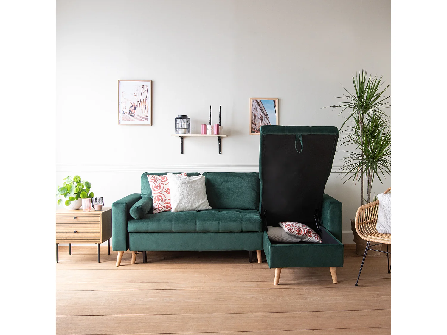 Canapé d'angle convertible JAMES 3 places en velours vert - HAPPY GARDEN