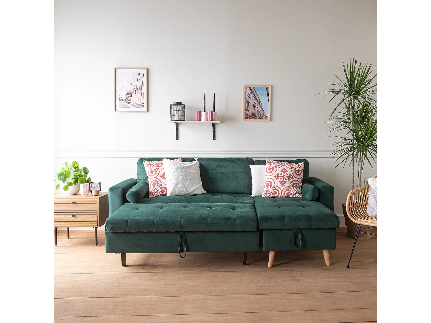 Canapé d'angle convertible JAMES 3 places en velours vert - HAPPY GARDEN