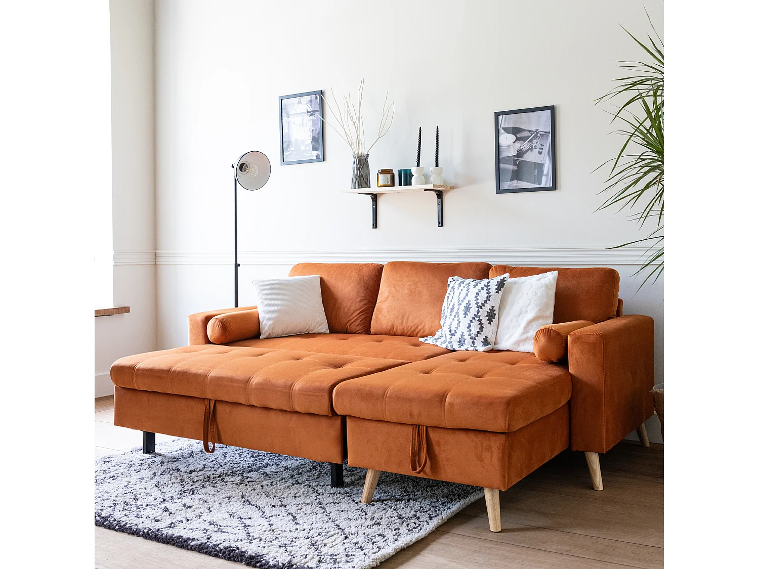 JAMES Divano letto angolare a 3 posti in velluto terracotta